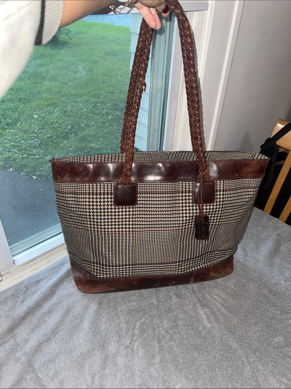 Ralph Lauren Brown Plaid Tote with Braided Leather Handles